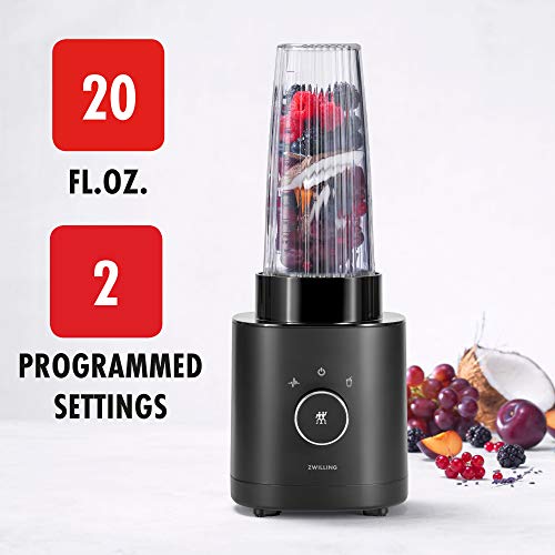 ZWILLING Enfinigy Personal Blender, Piranha Teeth Cross Blade for Ultimate Blending, Smoothies, Shakes and More, 20 fl oz Breakproof Travel Cup with Lid, BPA Free, Black