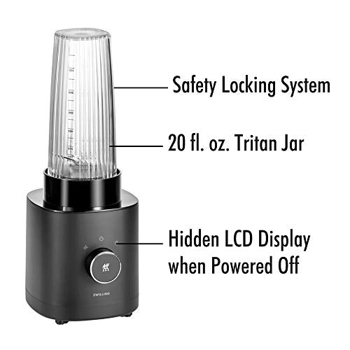 ZWILLING Enfinigy Personal Blender, Piranha Teeth Cross Blade for Ultimate Blending, Smoothies, Shakes and More, 20 fl oz Breakproof Travel Cup with Lid, BPA Free, Black