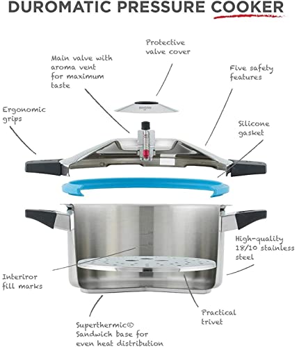 Kuhn Rikon DUROMATIC® Pressure Cooker 8.75” 6.3 qt family of 4 with side handles to save space